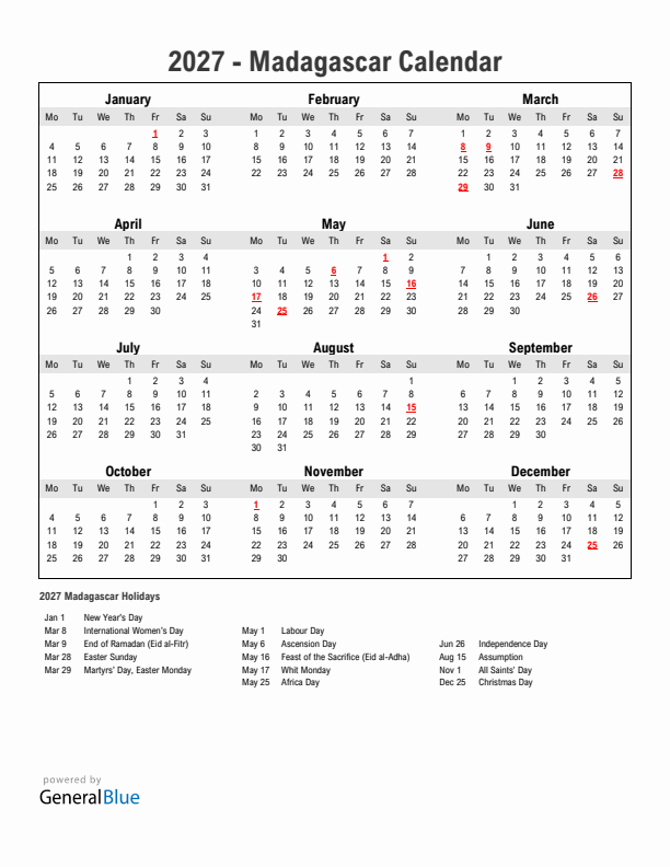 Year 2027 Simple Calendar With Holidays in Madagascar