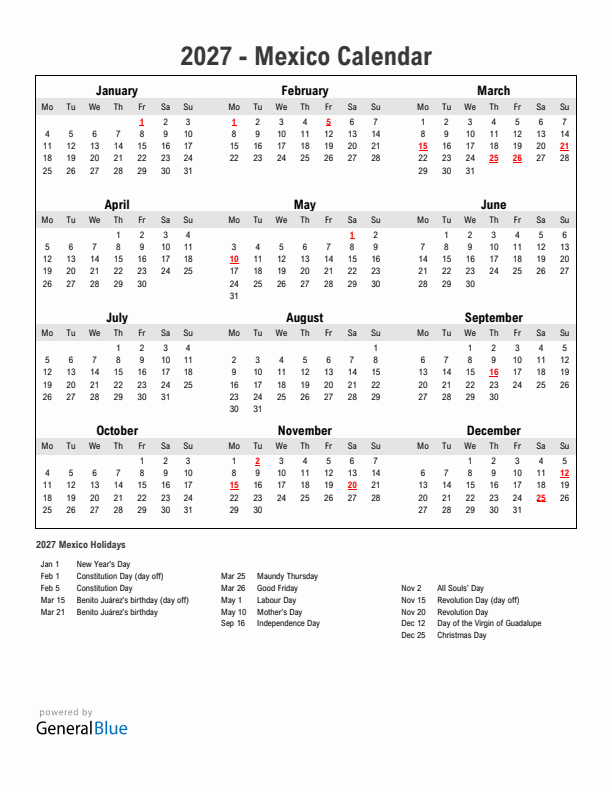 Year 2027 Simple Calendar With Holidays in Mexico