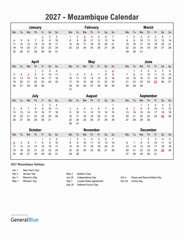 Year 2027 Simple Calendar With Holidays in Mozambique