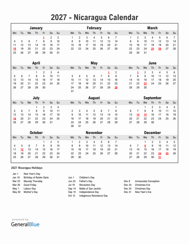 Year 2027 Simple Calendar With Holidays in Nicaragua