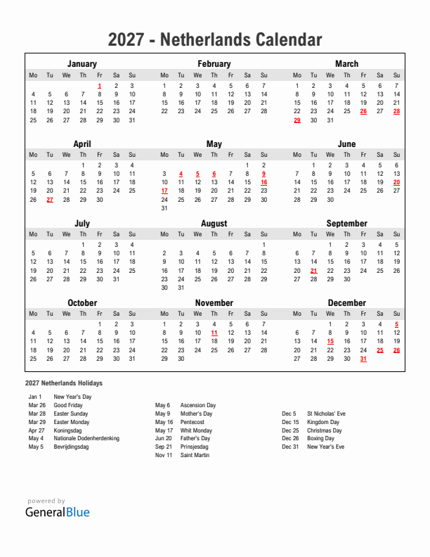 Year 2027 Simple Calendar With Holidays in The Netherlands
