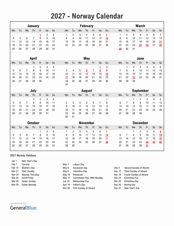 Year 2027 Simple Calendar With Holidays in Norway