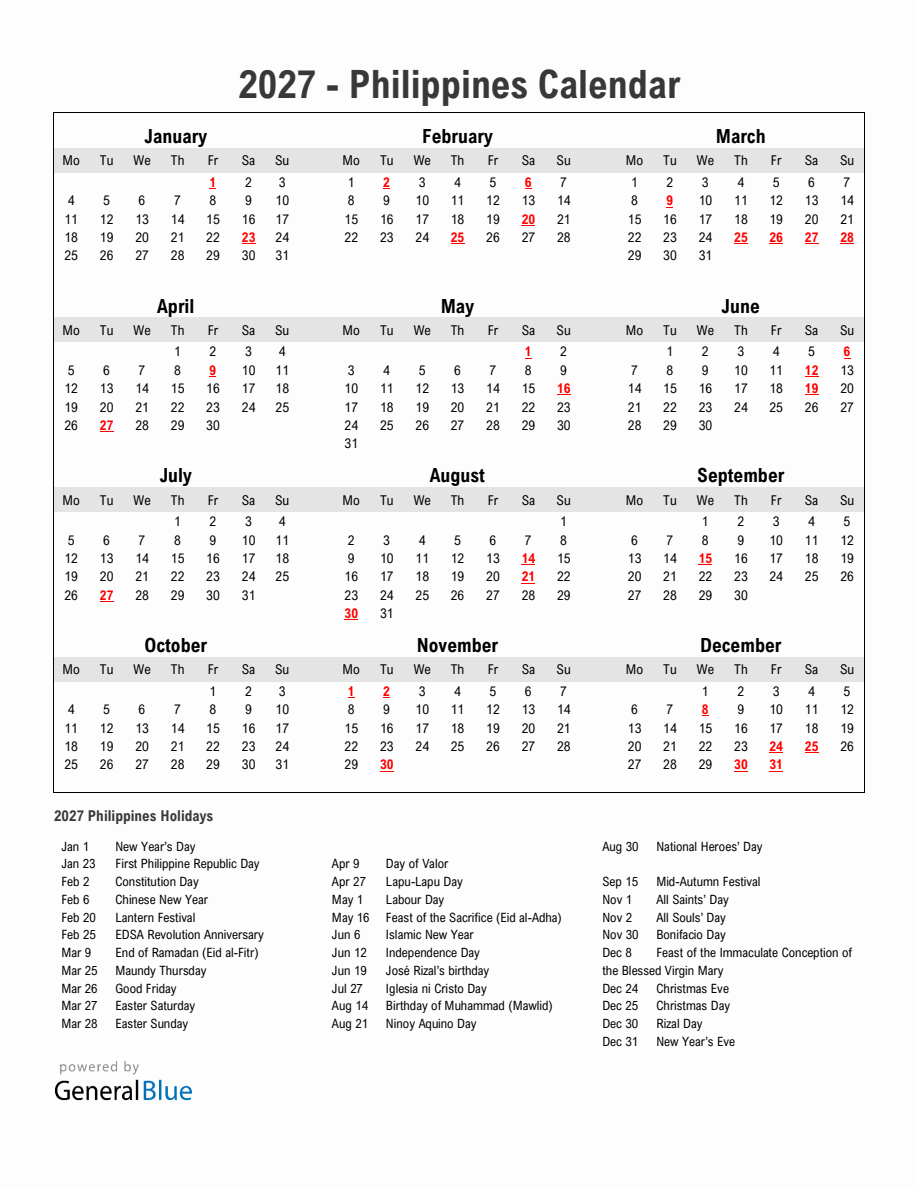 Year 2027 Simple Calendar With Holidays in Philippines