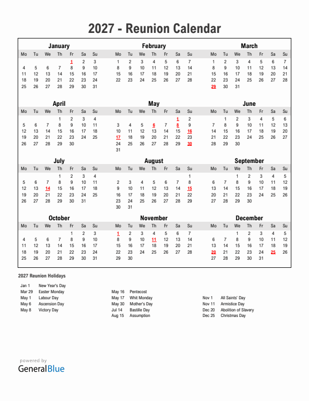 Year 2027 Simple Calendar With Holidays in Reunion