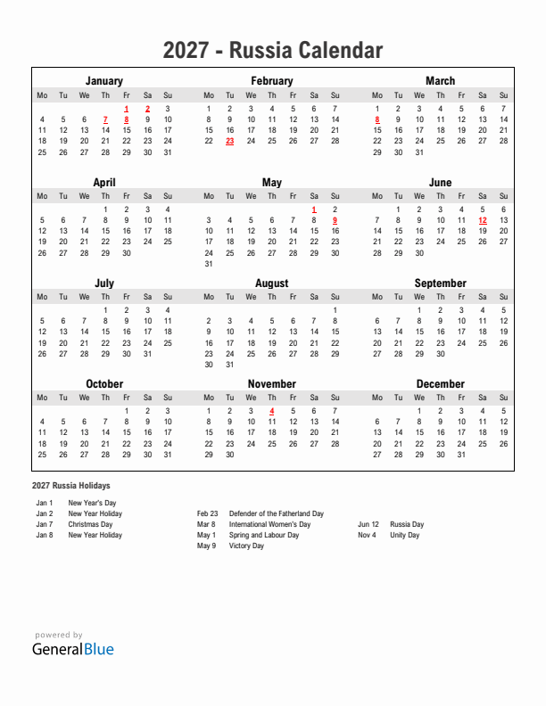 Year 2027 Simple Calendar With Holidays in Russia