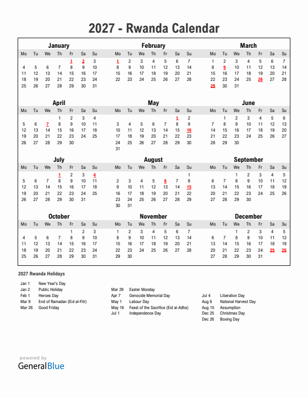 Year 2027 Simple Calendar With Holidays in Rwanda