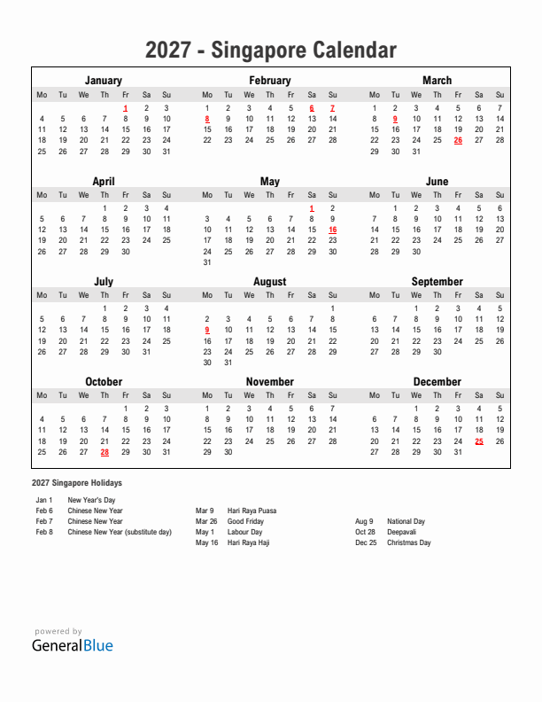 Year 2027 Simple Calendar With Holidays in Singapore