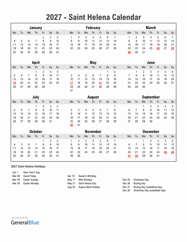 Year 2027 Simple Calendar With Holidays in Saint Helena