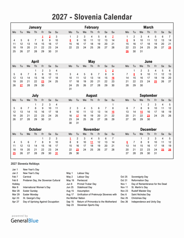 Year 2027 Simple Calendar With Holidays in Slovenia