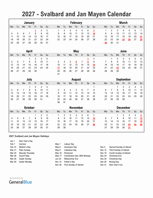 Year 2027 Simple Calendar With Holidays in Svalbard and Jan Mayen