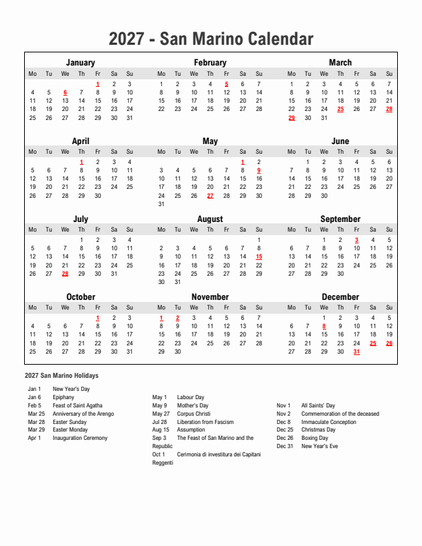 Year 2027 Simple Calendar With Holidays in San Marino