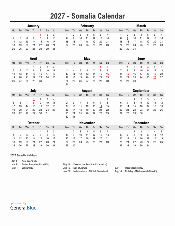 Year 2027 Simple Calendar With Holidays in Somalia