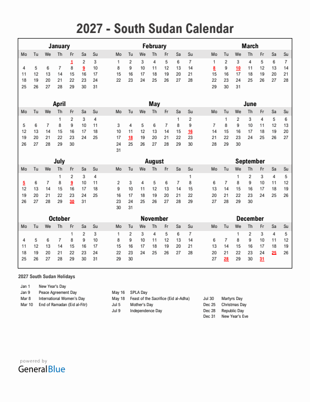 Year 2027 Simple Calendar With Holidays in South Sudan