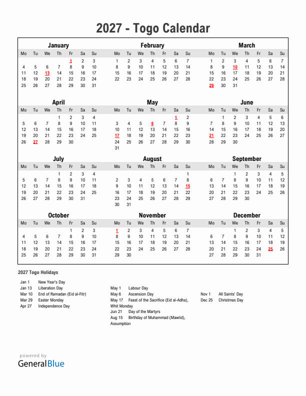 Year 2027 Simple Calendar With Holidays in Togo