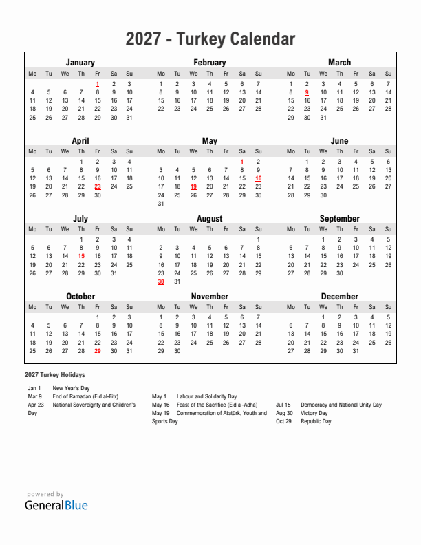 Year 2027 Simple Calendar With Holidays in Turkey
