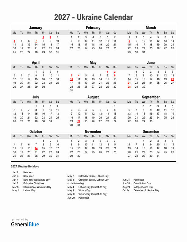 Year 2027 Simple Calendar With Holidays in Ukraine