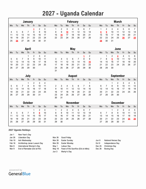 Year 2027 Simple Calendar With Holidays in Uganda