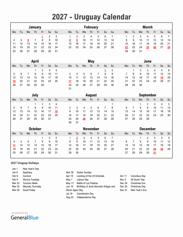Year 2027 Simple Calendar With Holidays in Uruguay