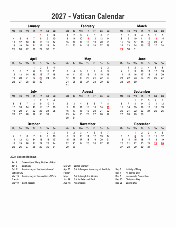 Year 2027 Simple Calendar With Holidays in Vatican