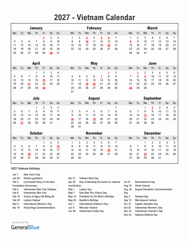 Year 2027 Simple Calendar With Holidays in Vietnam