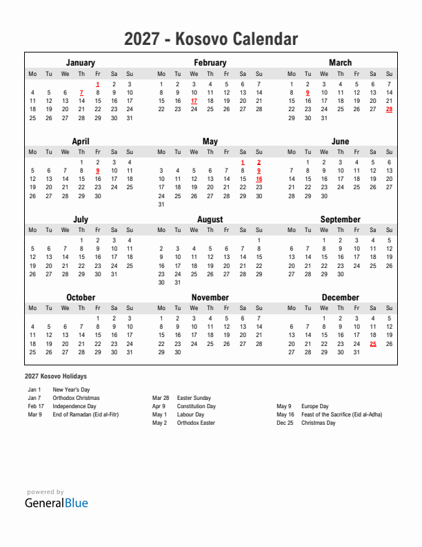 Year 2027 Simple Calendar With Holidays in Kosovo