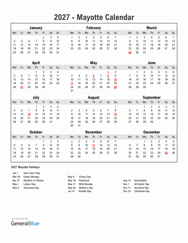 Year 2027 Simple Calendar With Holidays in Mayotte