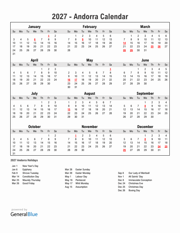 Year 2027 Simple Calendar With Holidays in Andorra