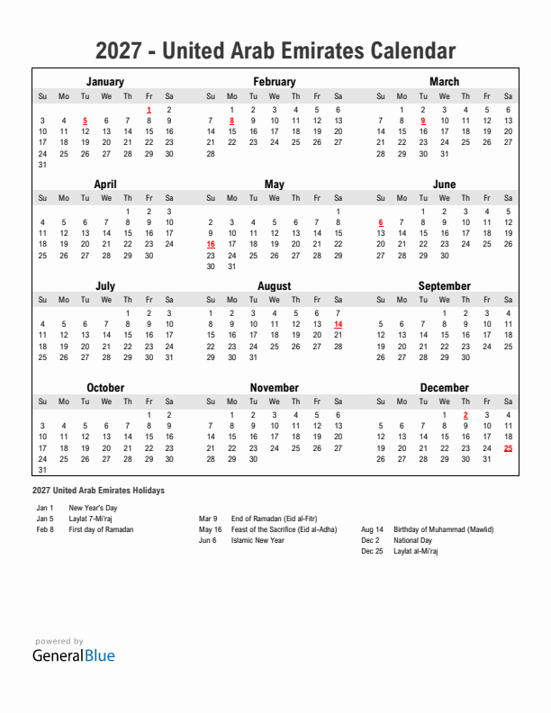 Year 2027 Simple Calendar With Holidays in United Arab Emirates