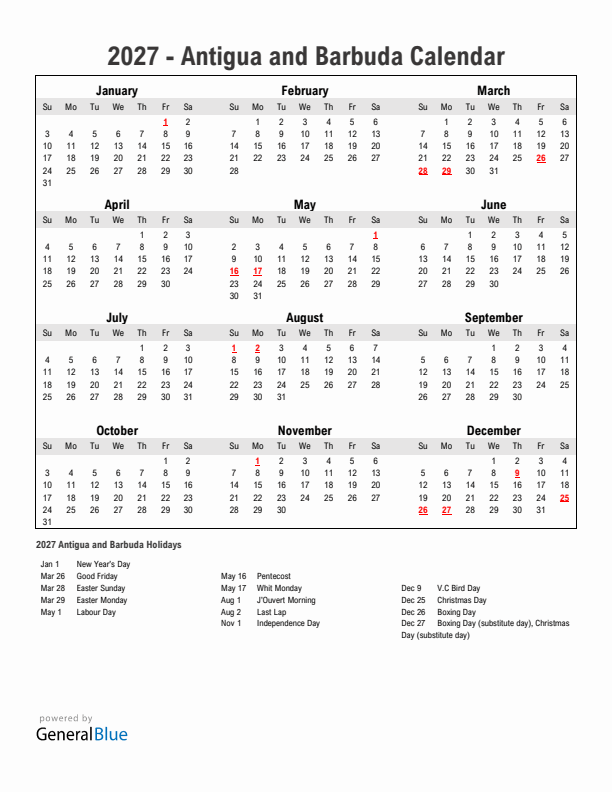 Year 2027 Simple Calendar With Holidays in Antigua and Barbuda