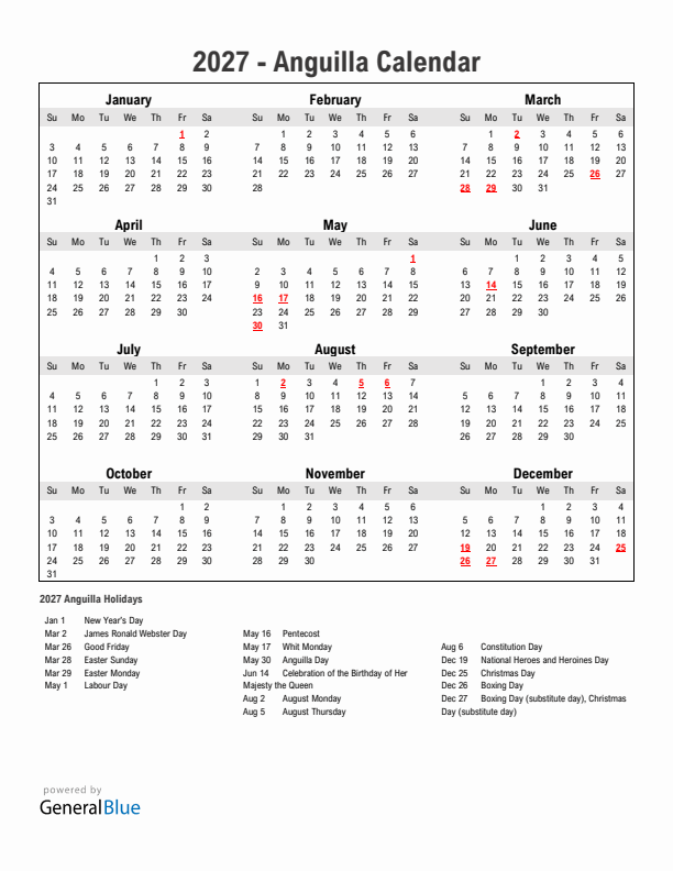 Year 2027 Simple Calendar With Holidays in Anguilla