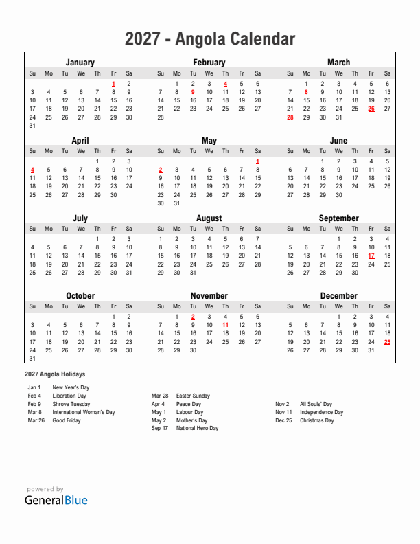 Year 2027 Simple Calendar With Holidays in Angola