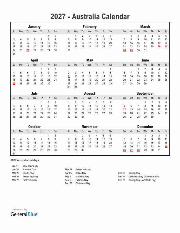 Year 2027 Simple Calendar With Holidays in Australia