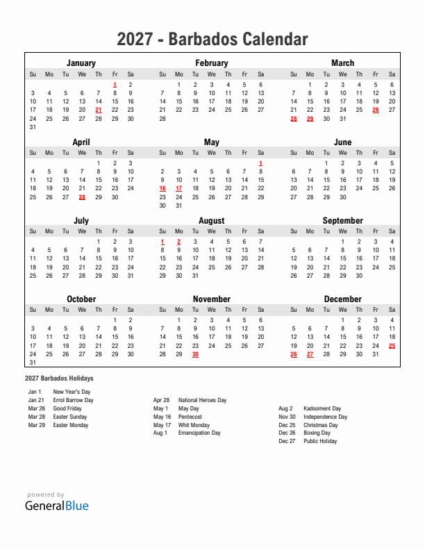 Year 2027 Simple Calendar With Holidays in Barbados