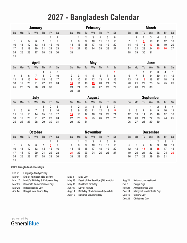 Year 2027 Simple Calendar With Holidays in Bangladesh