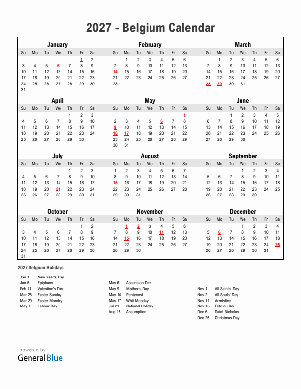 Year 2027 Simple Calendar With Holidays in Belgium