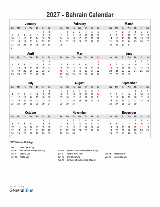 Year 2027 Simple Calendar With Holidays in Bahrain