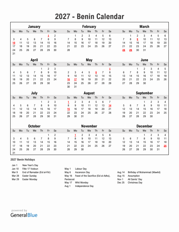 Year 2027 Simple Calendar With Holidays in Benin