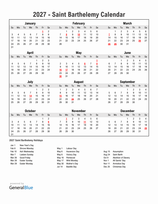 Year 2027 Simple Calendar With Holidays in Saint Barthelemy