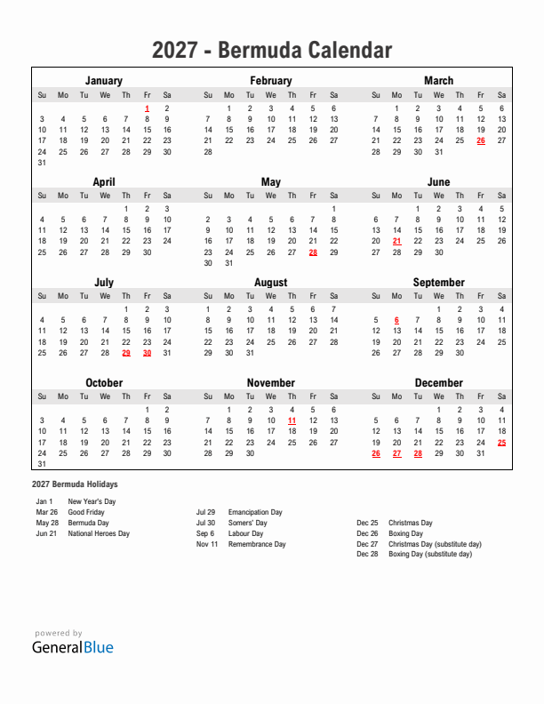 Year 2027 Simple Calendar With Holidays in Bermuda