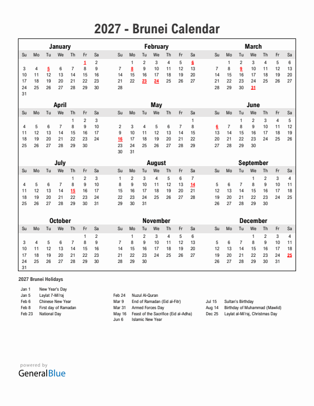 Year 2027 Simple Calendar With Holidays in Brunei
