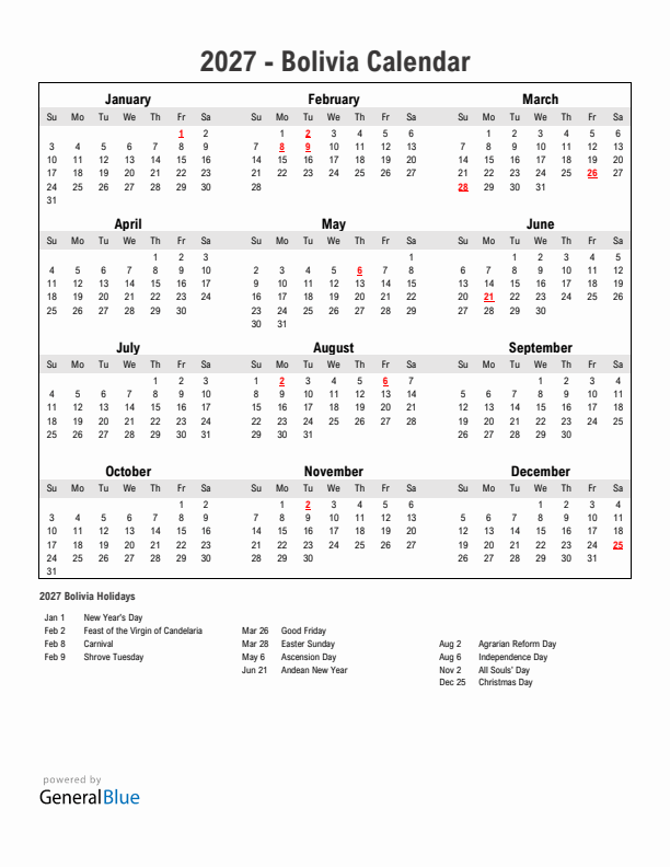 Year 2027 Simple Calendar With Holidays in Bolivia