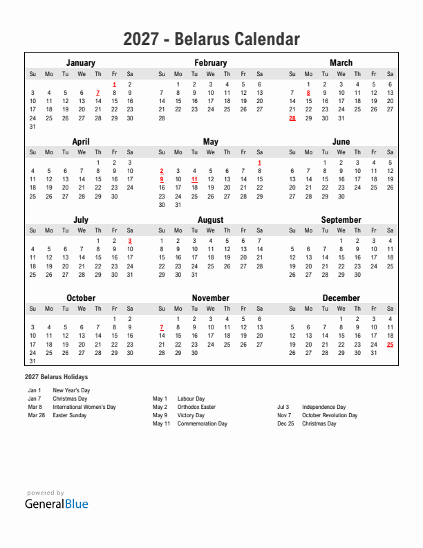 Year 2027 Simple Calendar With Holidays in Belarus