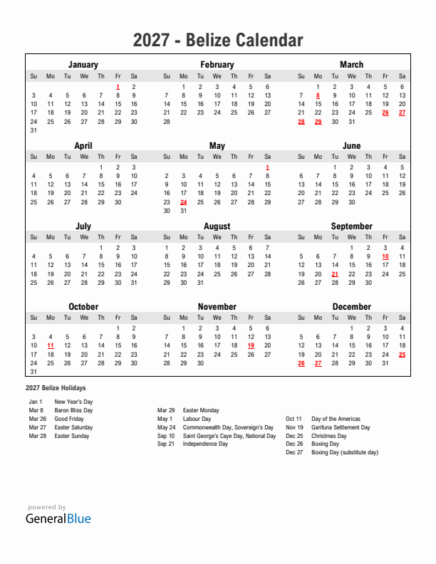 Year 2027 Simple Calendar With Holidays in Belize