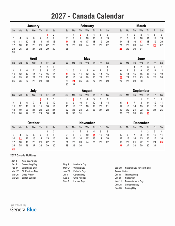 Year 2027 Simple Calendar With Holidays in Canada