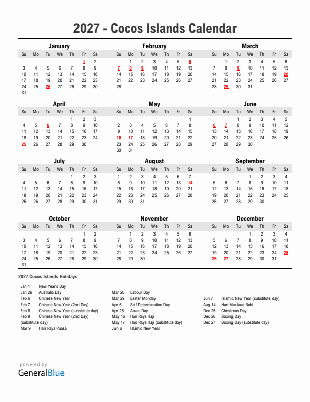 Year 2027 Simple Calendar With Holidays in Cocos Islands