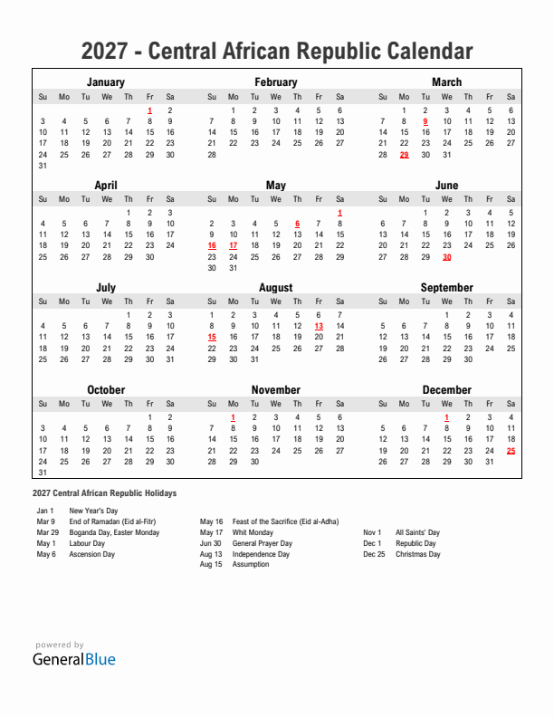 Year 2027 Simple Calendar With Holidays in Central African Republic