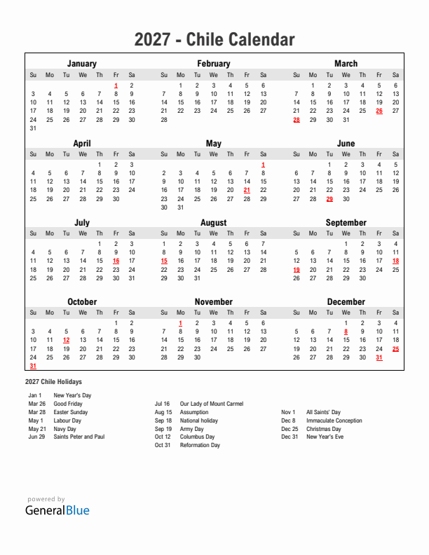 Year 2027 Simple Calendar With Holidays in Chile