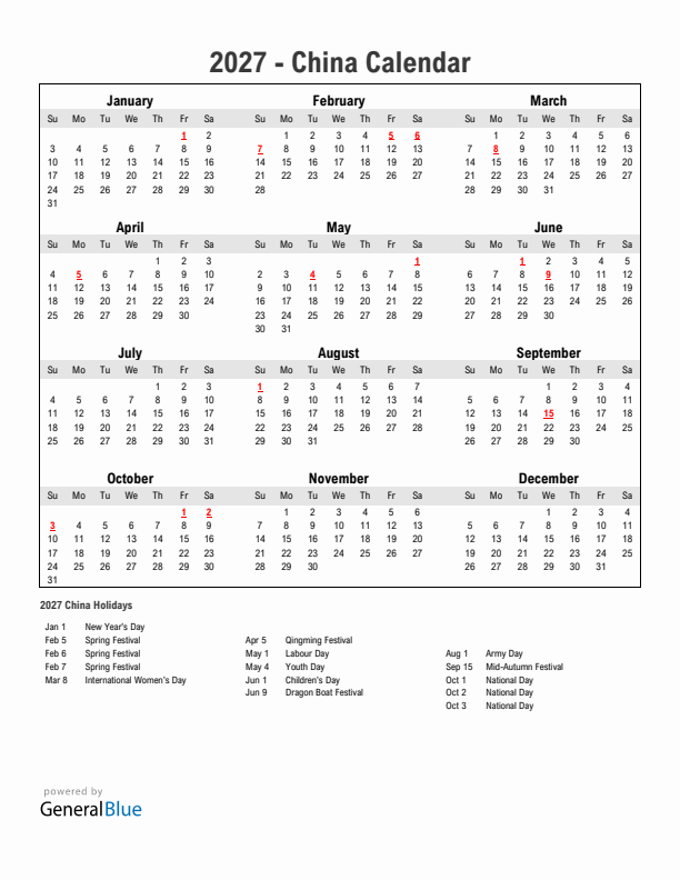 Year 2027 Simple Calendar With Holidays in China