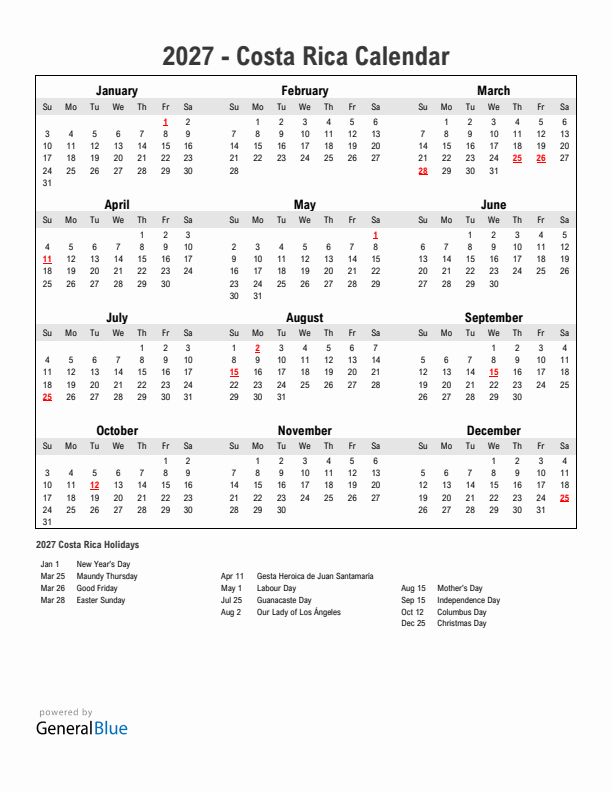Year 2027 Simple Calendar With Holidays in Costa Rica