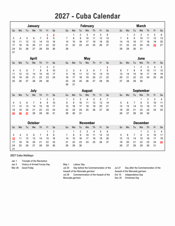 Year 2027 Simple Calendar With Holidays in Cuba